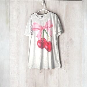 SHEIN White T-Shirt with Cherry and Pink Bow